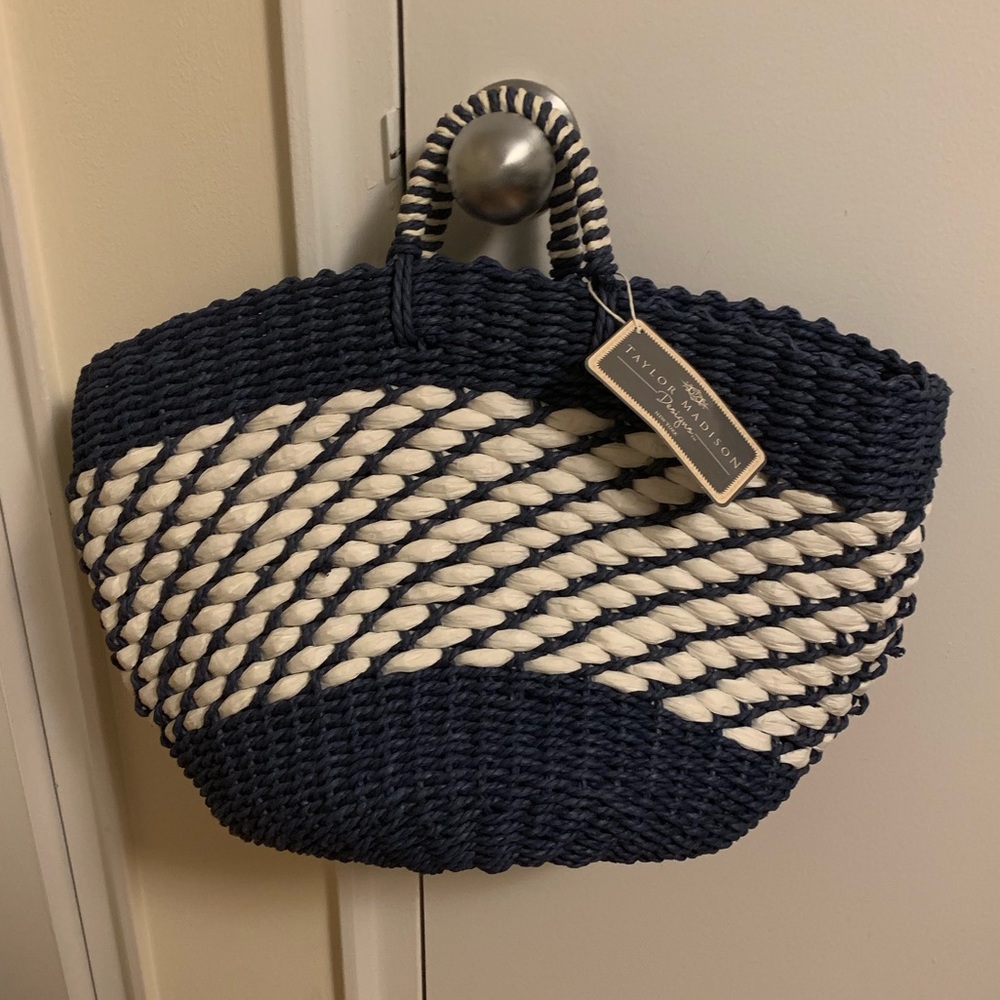 Navy and White Woven Tote Bag